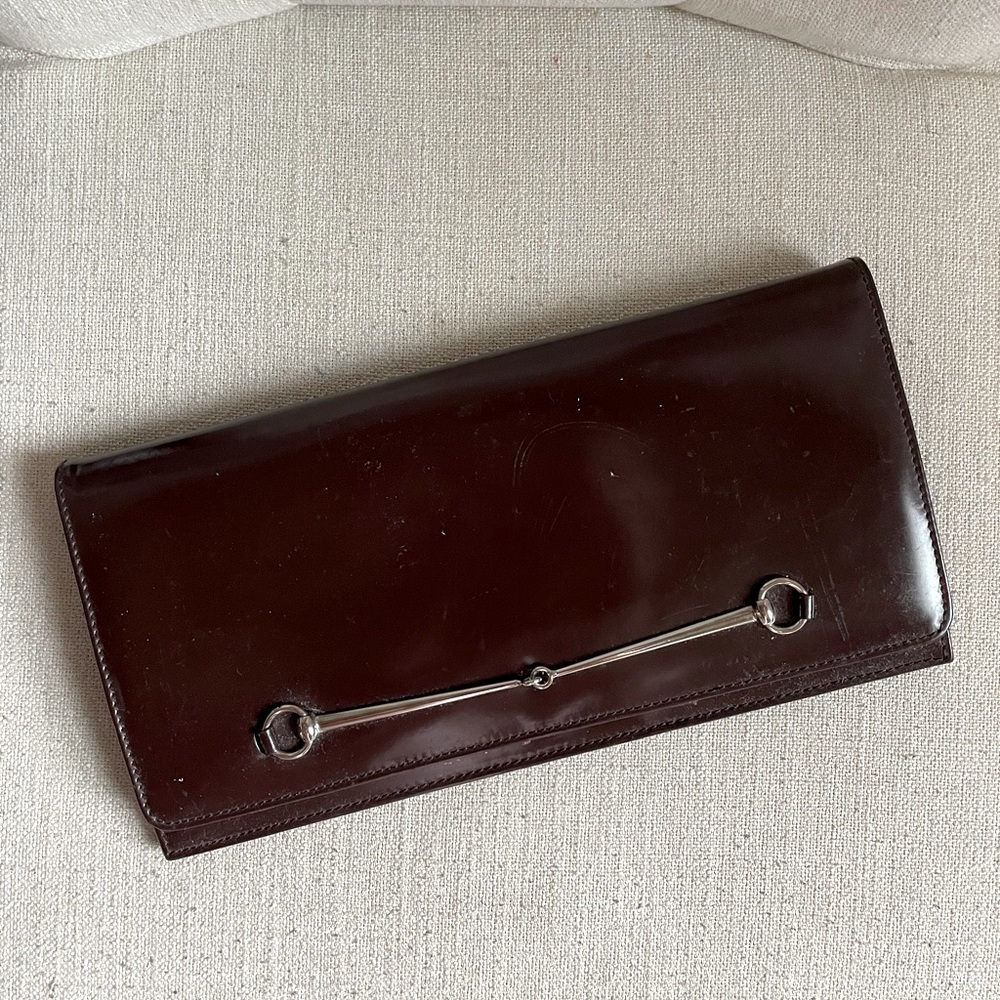 Gucci Brown Patent Leather Horsebit Clutch